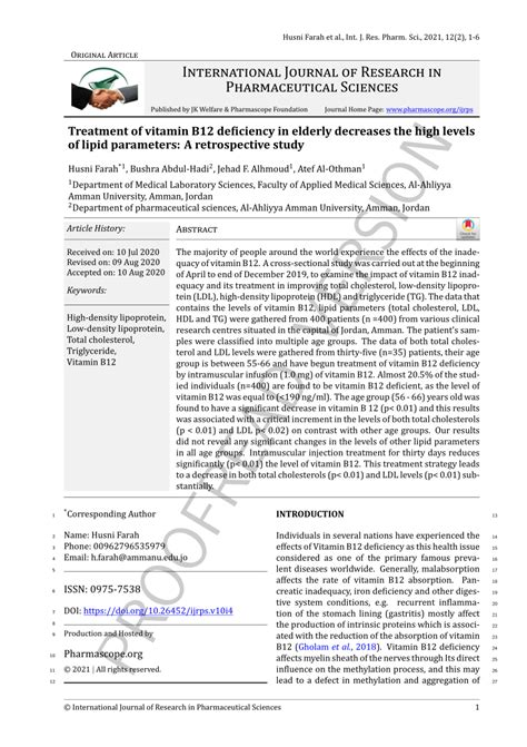 (PDF) Treatment of vitamin B12 deficiency in elderly decreases the high levels of lipid ...