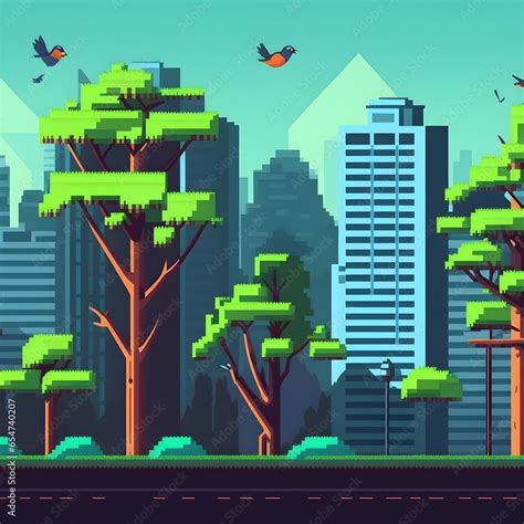 Flappy Bird Game Background For Parallax Effect With City And Trees In