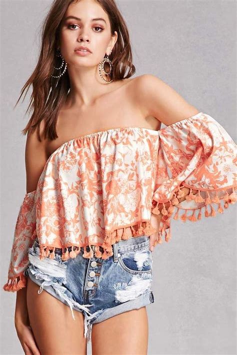 Forever 21 Floral Off The Shoulder Top Women Shirts Blouse Red Bell