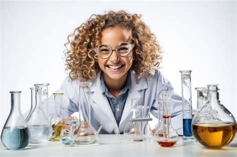 Chica científica en gafas feliz haciendo experimentos con tubos de