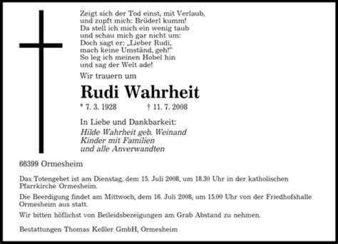 Traueranzeigen Von Rudi Wahrheit Saarbruecker Zeitung Trauer De