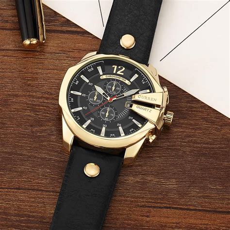 Relógio Masculino Curren Dourado Fundo Preto Pulseira de Couro