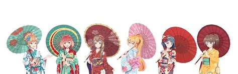 Anime Manga Girls En Traje De Kimono Japonés Tradicional Con Paraguas