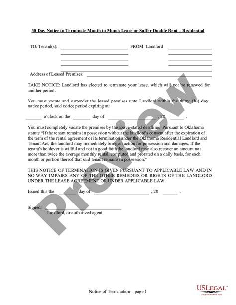 Oklahoma 30 Day Notice To Terminate Month To Month Lease Or Suffer