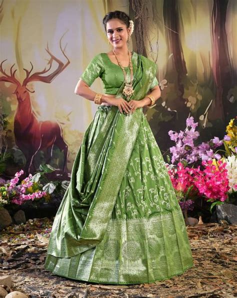 Buy HALFSAREE STUDIO Green Zari Work Banarasi Silk Lehenga Choli Online