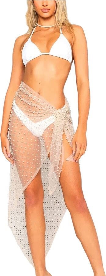 Aelidiya Rhinestones Sheer Sarong Swimsuit Cover Up For Women Mesh Bikini Bathing Suit Wrap