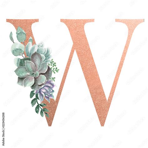 Watercolor Monogram Alphabet Letter W Rose Gold Foil Stock Illustration