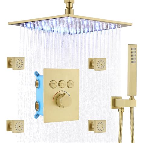 Homekicen Brushed Gold Shower System 12 Led Square Ceiling Rain Head