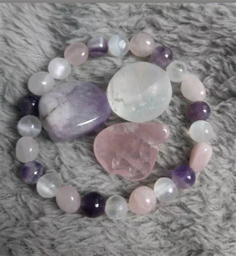 Selenite Amethyst And Rose Quartz Crystal Healing Bracelet Etsy