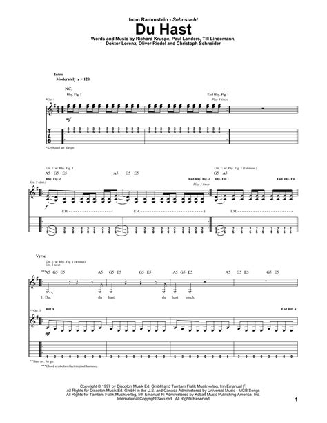 Du Hast Guitar Tab By Rammstein Guitar Tab 99206