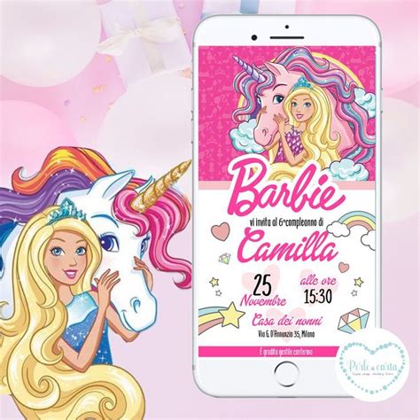 Barbie Unicorno Invito Digitale Compleanno Perle Di Carta Mario