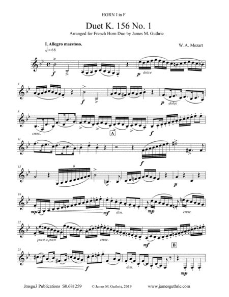 Mozart Duet K 156 No 1 For French Horn Duo Arr James M Guthrie Ascap Sheet Music W A