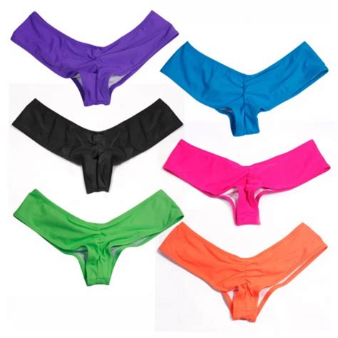 Sexy Women Brazilian V Cheeky Ruched Semi Bikini Thong Bottom Swimwear