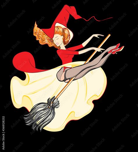 Beautiful Witch Riding A Broom Freehand Vector Illustration A Cartoon