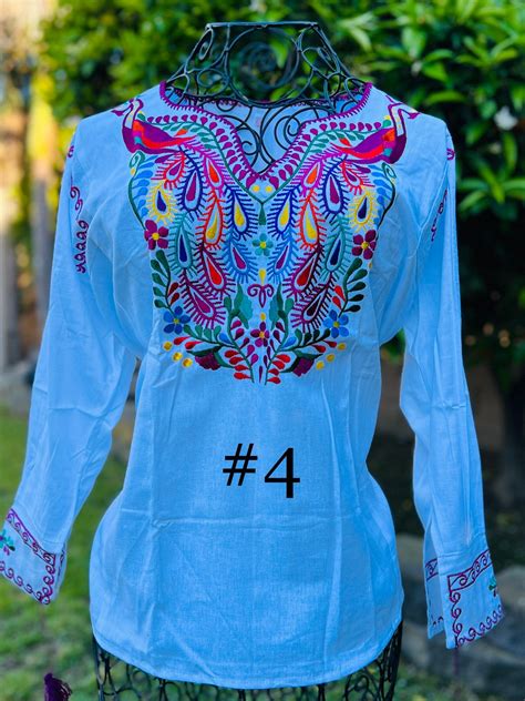 Peacock Embroidery Mexican Blouse Size Xlarge Long Sleeve Etsy