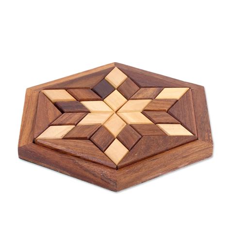 Undiscovered Artisan Box Handcrafted Star Shaped Wood Puzzle From India Rhombus Star Novica