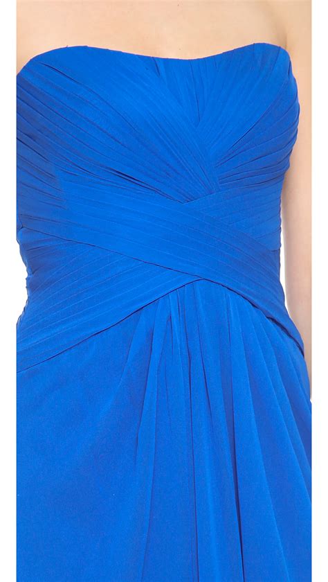 Monique Lhuillier Strapless Draped Gown With Front Slit Cobalt In