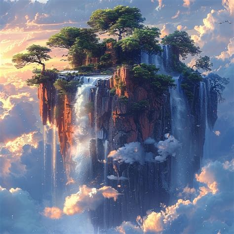 Premium Photo Surreal Floating Island With A Cascading Waterfall