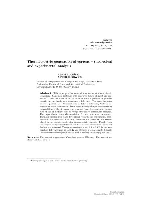 PDF Thermoelectric Generation Of Current Theoretical And