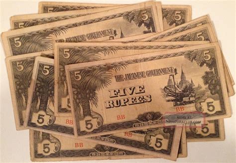 Ww2 1942 Burma 5 Rupees Axis Occupation Banknote Japanese Invasion Currency