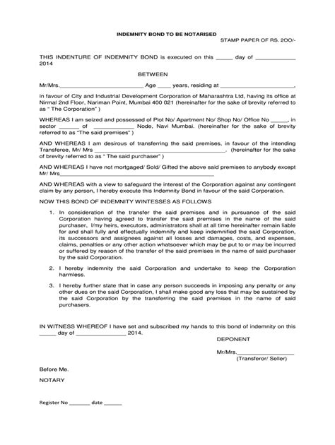 Fillable Online Indemnity Bond To Be Notarised Stamp Paper Of Rs 2oo