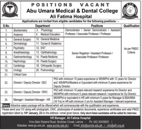 Jobs Advertisement At Abu Umara Medical Dental College Job