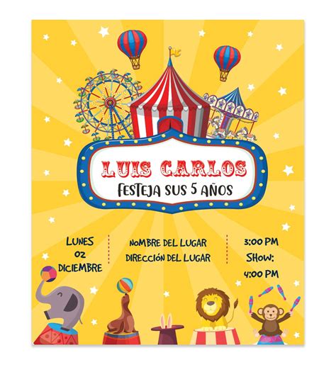 Invitación Cumpleaños Circo Amarillo Diseños digitales personalizados