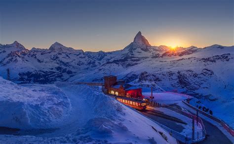 Landscape Lights Matterhorn Mountain Nature Road Snow Sunset