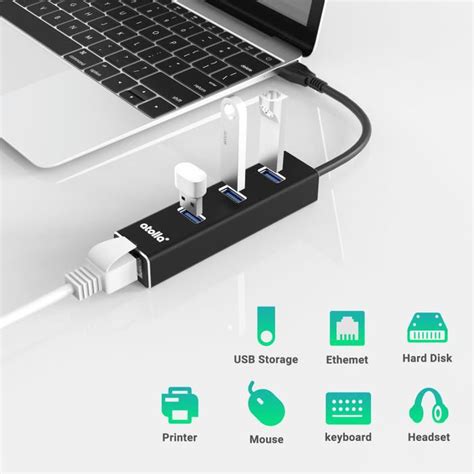 Адаптер хъб Atolla Множествена съвместимост Usb 3 0 Ethernet Rj45 10 4x1 9x2 7 см Черен