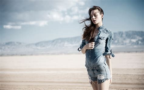 Model Nude Wind Field Clouds Grass Brunette Nature Landscape People