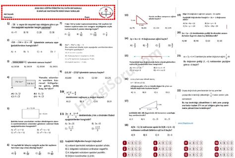 Matematik 8 Sınıf 2 Dönem 1 Yazılı Soruları Test 2022 Hangisoru