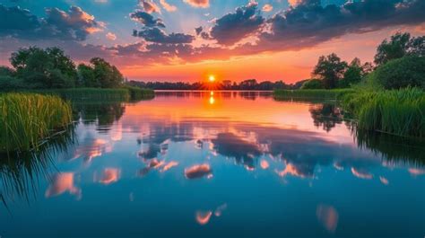 Premium Photo Dramatic Sunset Over Pristine Lake