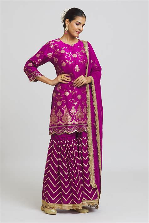 Buy Wine Banarasi Silk Embroidered Sequin Round Scallop Kurta Gharara