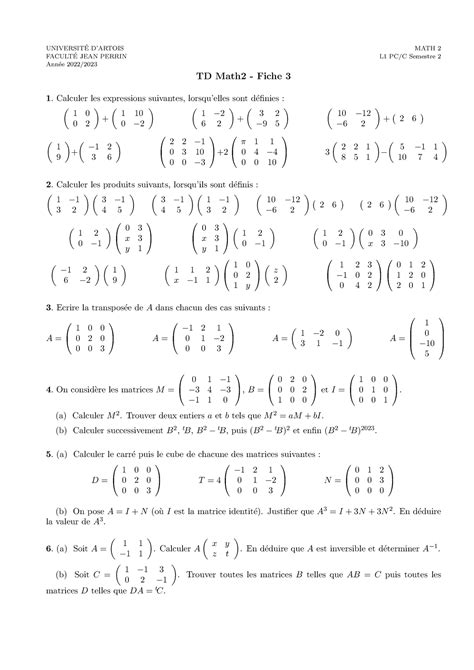 Exo MATH 2 Fiche 3 2023 UNIVERSIT E DARTOIS MATH 2 FACULT E JEAN