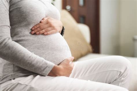 Closeup Pregnancy Concept Pregnant Woman Touching Her Belly With Hands