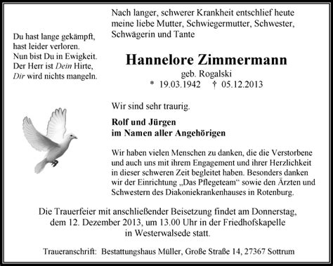 Traueranzeigen Von Hannelore Zimmermann Trauer Kreiszeitung De