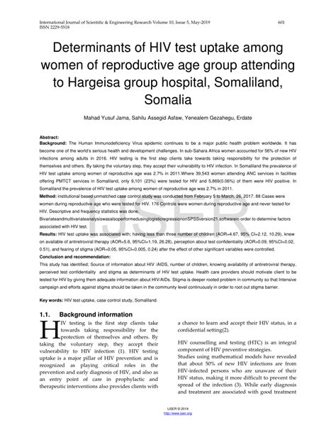 Pdf Determinants Of Hiv Test Uptake Among Women Of Reproductive Age Group Attending To