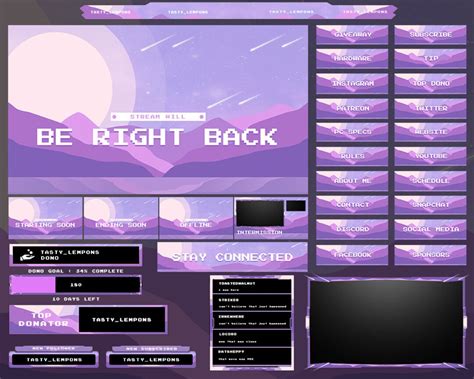 Vintage Purple Retro Twitch Overlay Package Webcam Screens Panels Alerts Transition And