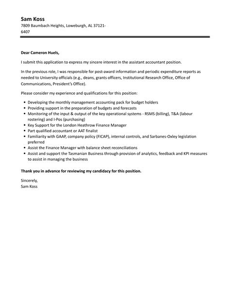 Assistant Accountant Cover Letter Velvet Jobs