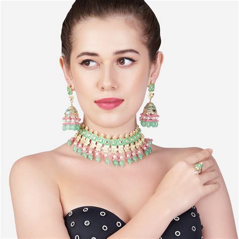 Buy Zaveri Pearls Pink Green Meenakari Beads Kundan Choker Necklace