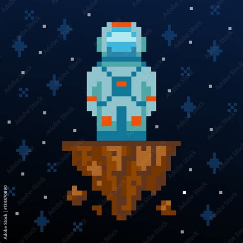 Pixel Art Astronaut Stay On The Asteroid Vector Illustration Old