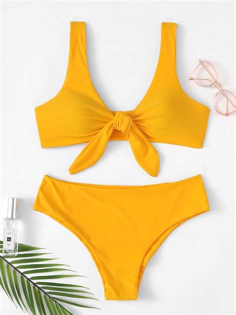 Knot Front Plunging Bikini Set Shein Usa