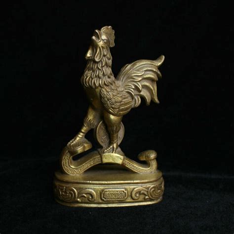 China Folk Fengshui Brass Ruyi Wealth Zodiac Year Rooster Cock Statue