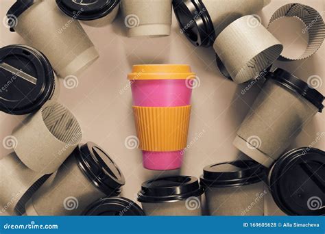 Zero Waste Concept Stylish Reusable Eco Coffee Cup Vs Multiple Single