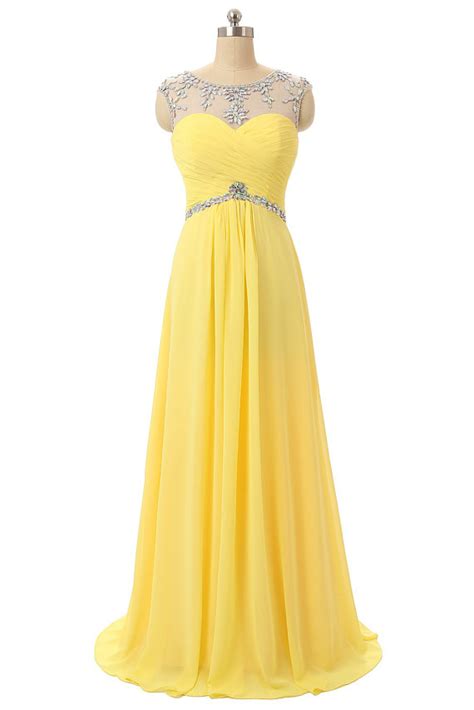 Yellow Prom Dresses Fashion Sheer Neck Crystal Prom Gowns Sexy Backless