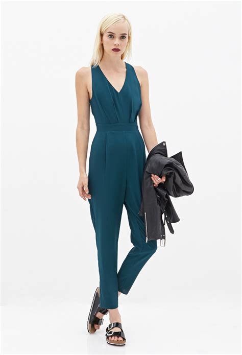 Lyst Forever 21 Cutout Pleated Jumpsuit In Green