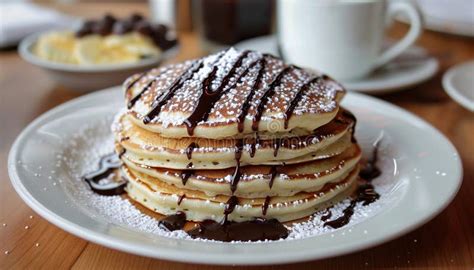 A Stack Of Golden Pancakes Drizzled With Rich Chocolate Syrup Stock