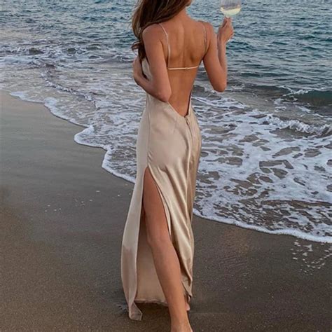 Sexy Spaghetti Strap Backless Summer Dress Women Satin Silky Spaghetti