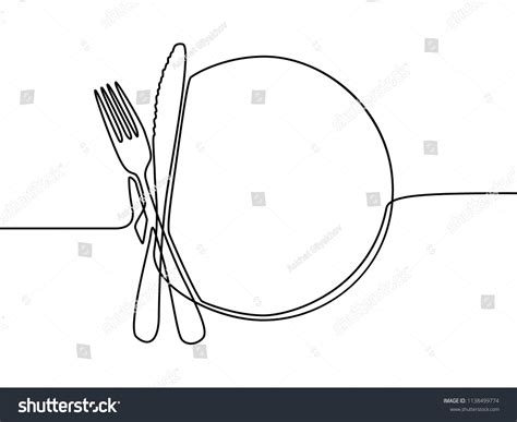 Continuous Line Drawing Plate Khife Fork Stock Vector Royalty Free