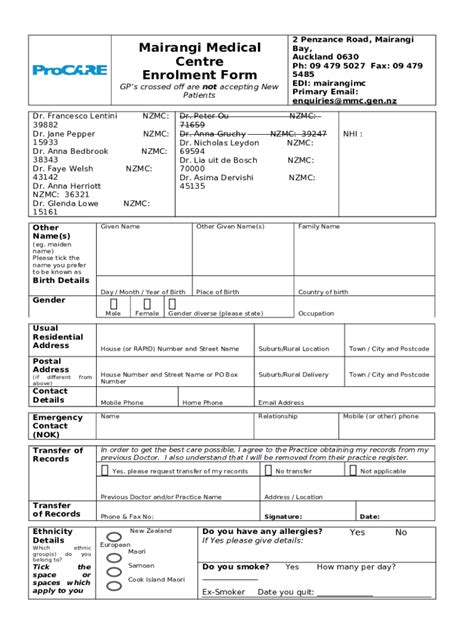 Enrolment Mairangi Medical Centre Doc Template Pdffiller